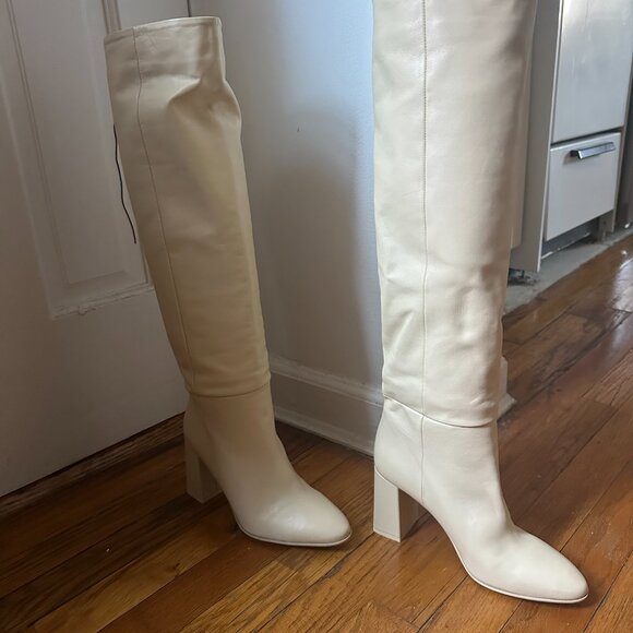 NWT ZARA 100% LEATHER BONE ECRU HEELED KNEE HIGH BOOTS (Size 37, 6.5) - Picture 4 of 5